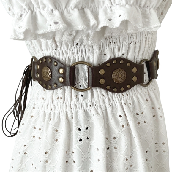Western brown faux leather concho gold buckle Boho festival studded waist belt - Picture 11 of 15